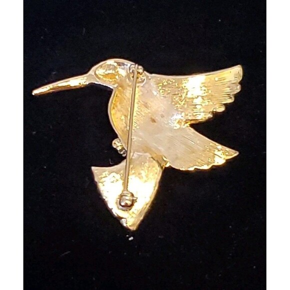 Vintage Hummingbird Brooch Gold Tone Rhinestone Eye Flying Brushed Textured Pin - Picture 6 of 8